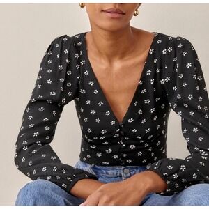 Reformation Nell Black White Floral Button Front V-Neck Long Sleeve Blouse XS